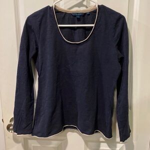 Boden Navy Slub Scoop Neck Shirt With Trim EUC